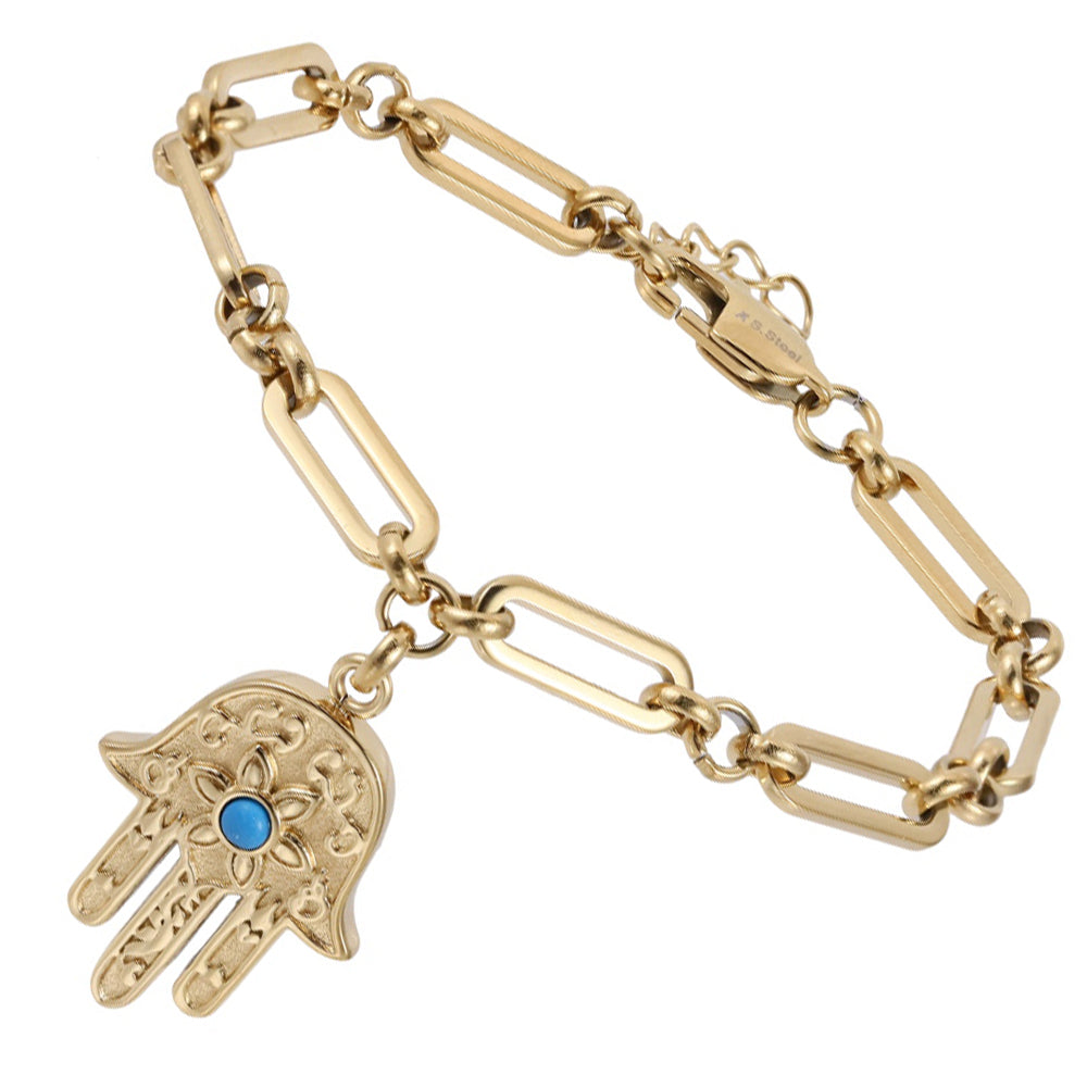 BSS1029 STAINLESS STEEL HAMSA BRACELET WITH SYNTHETIC TURQUOISE