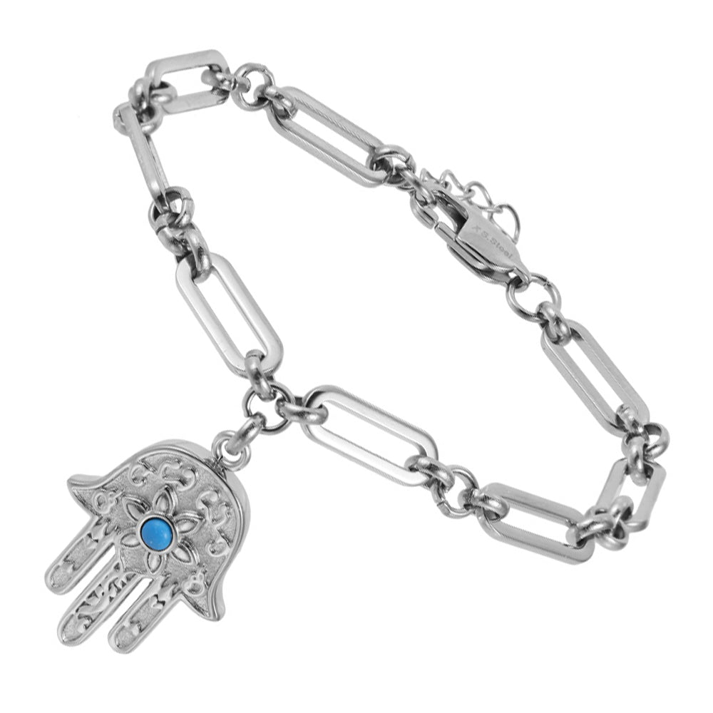 BSS1029 STAINLESS STEEL HAMSA BRACELET WITH SYNTHETIC TURQUOISE