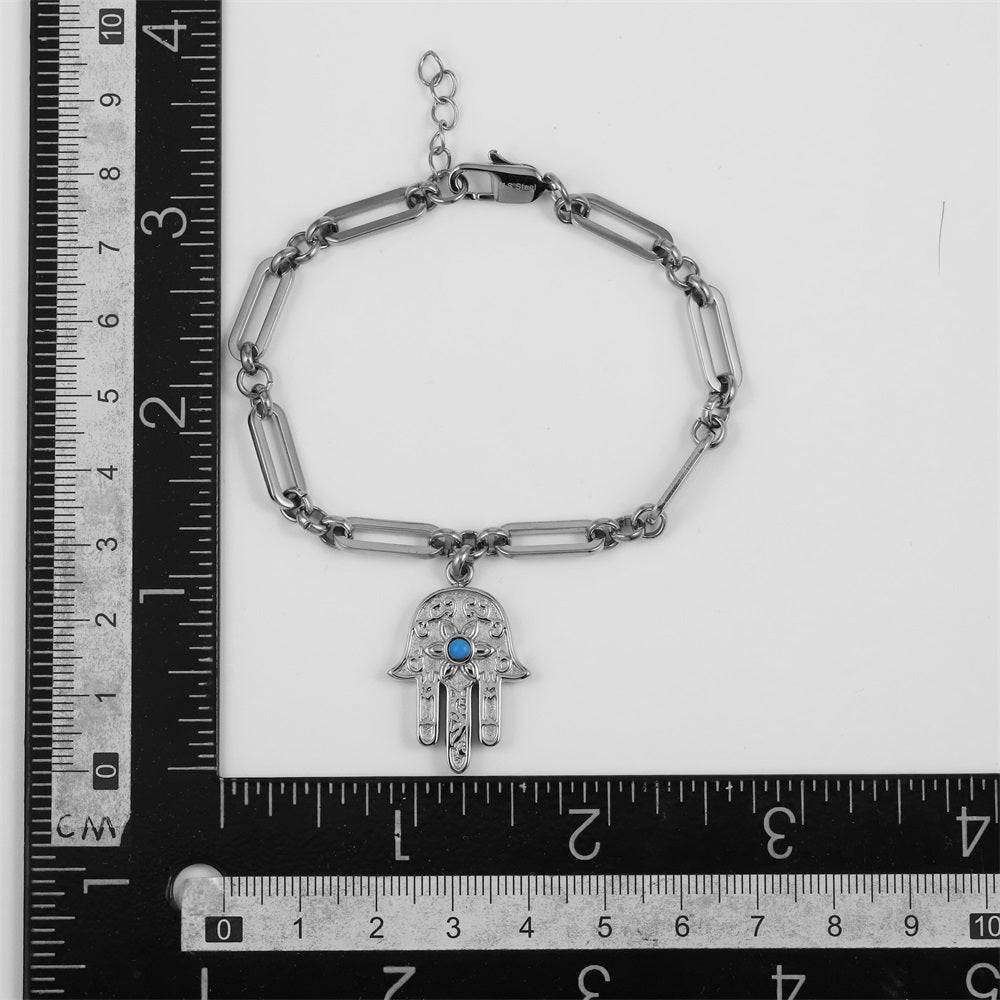 BSS1029 STAINLESS STEEL HAMSA BRACELET WITH SYNTHETIC TURQUOISE