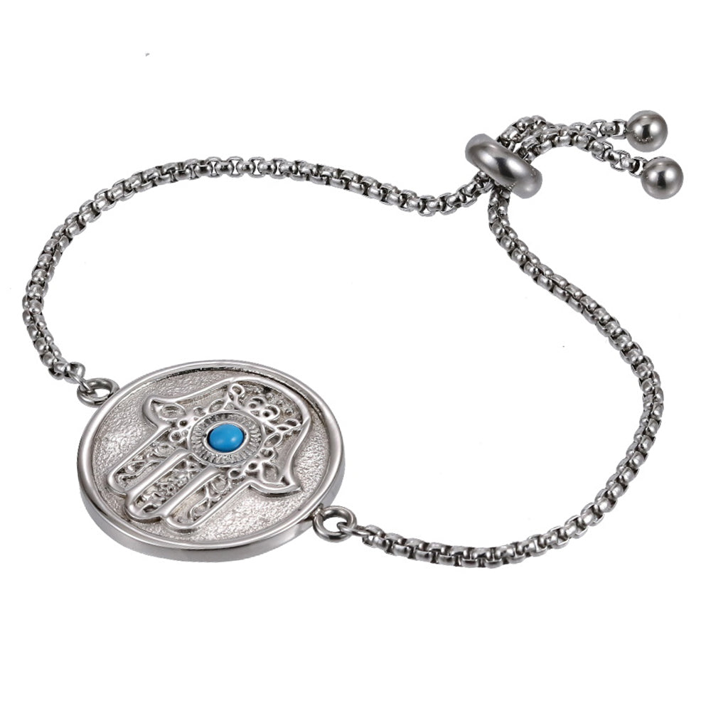 BSS1030 STAINLESS STEEL ADJUSTABLE BRACELET WITH ROUND HAMSA