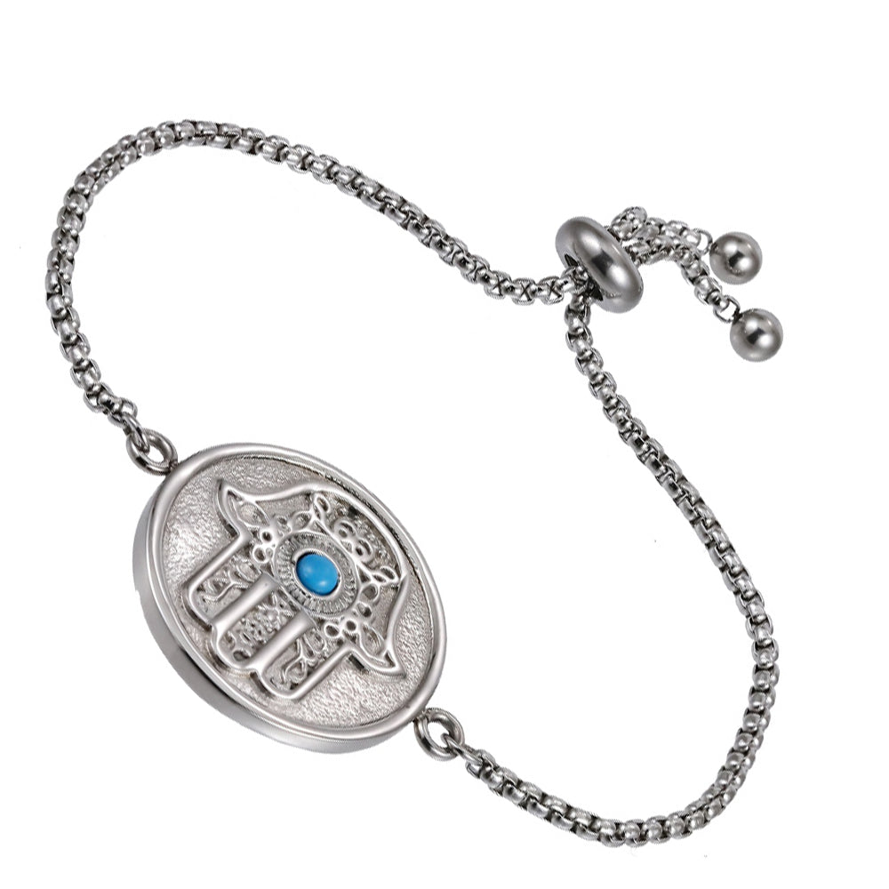 BSS1030 STAINLESS STEEL ADJUSTABLE BRACELET WITH ROUND HAMSA