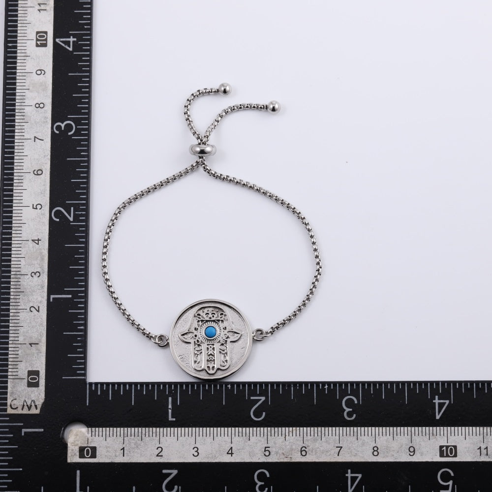 BSS1030 STAINLESS STEEL ADJUSTABLE BRACELET WITH ROUND HAMSA