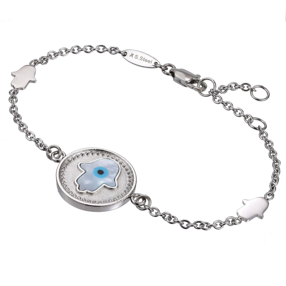 BSS1031 STAINLESS STEEL ROUND BRACELET WITH HAMSA MOP