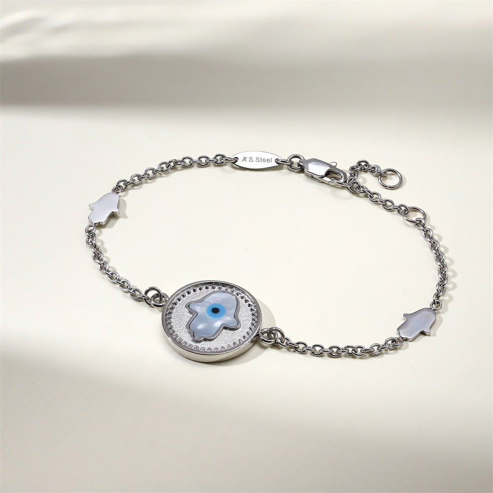 BSS1031 STAINLESS STEEL ROUND BRACELET WITH HAMSA MOP