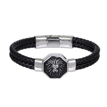 BSS935 STAINLESS STEEL LEATHER BRACELET WITH LION