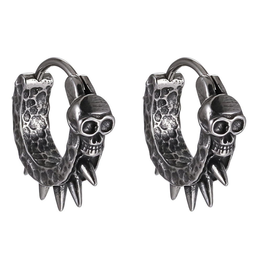 ESS826 STAINLESS STEEL HOOP EARRING WITH SKULL&SPIKES DESIGN