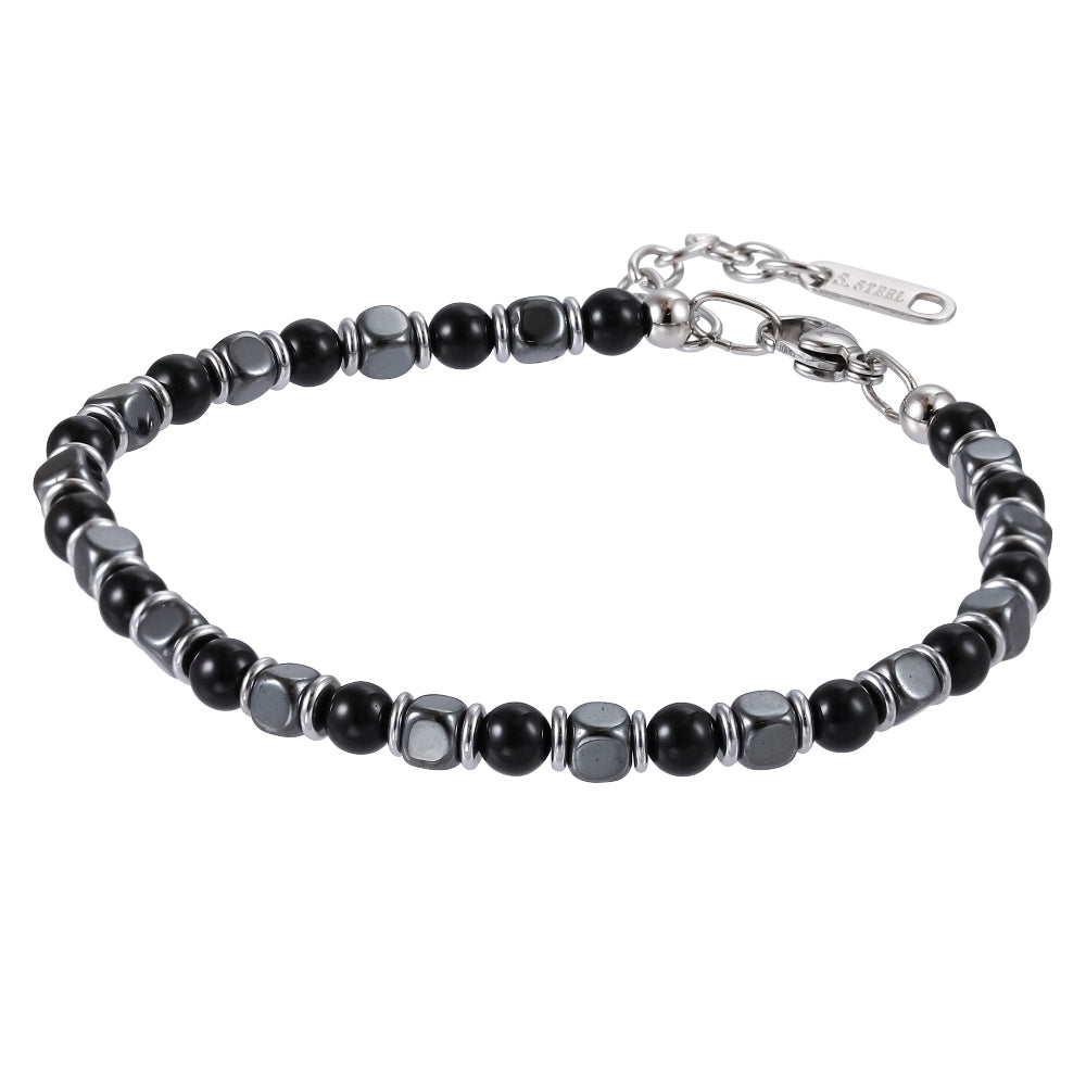 MBSS152 STAINLESS STEEL & HEMATITE BRACELET WITH NATURAL STONE