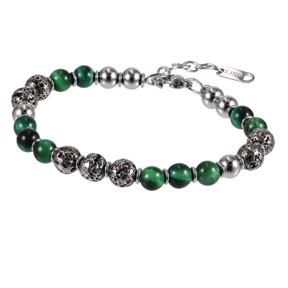 MBSS183 STAINLESS STEEL&HEMATITE BRACELET WITH NATURAL STONE&LAVA