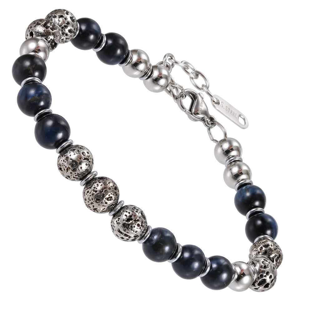 MBSS183 STAINLESS STEEL&HEMATITE BRACELET WITH NATURAL STONE&LAVA