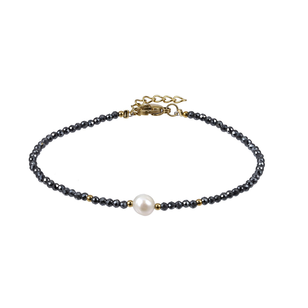 MBSS185 STAINLESS STEEL & HEMATITE BEADS BRACELET WITH FRESH WATER PEARL