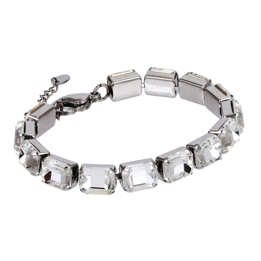 MBSS217 STAINLESS STEEL TENNIS BRACELET WITH EMERALD CUT FOILED STONE