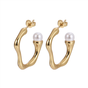 MESS46 STAINLESS STEEL ORGANIC SHAPED EARRING WITH PEARL