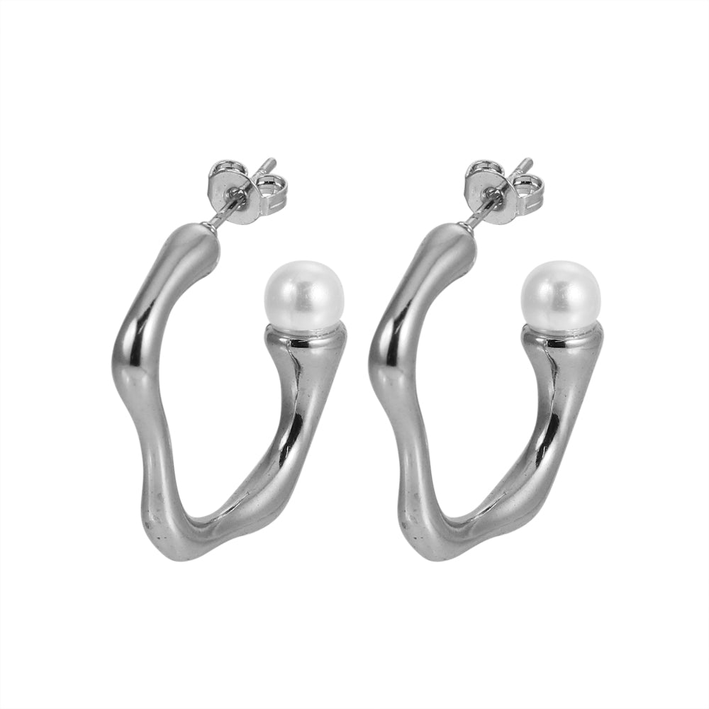 MESS46 STAINLESS STEEL ORGANIC SHAPED EARRING WITH PEARL