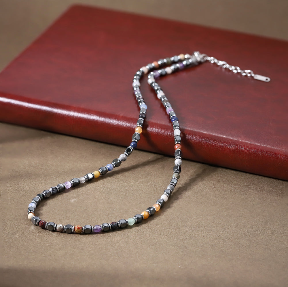 MNSS40 STAINLESS STEEL & HEMATITE BEADS NECKLACE WITH NATURAL STONE