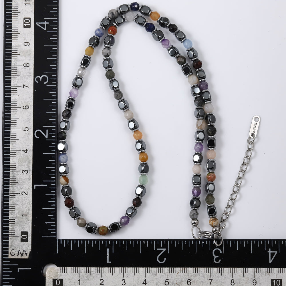 MNSS40 STAINLESS STEEL & HEMATITE BEADS NECKLACE WITH NATURAL STONE