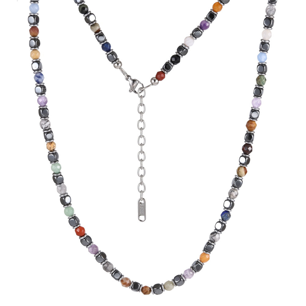 MNSS40 STAINLESS STEEL & HEMATITE BEADS NECKLACE WITH NATURAL STONE