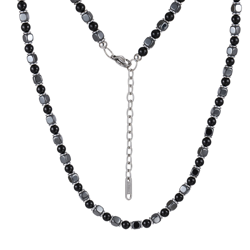 MNSS41 STAINLESS STEEL & HEMATITE BEADS NECKLACE WITH NATURAL STONE