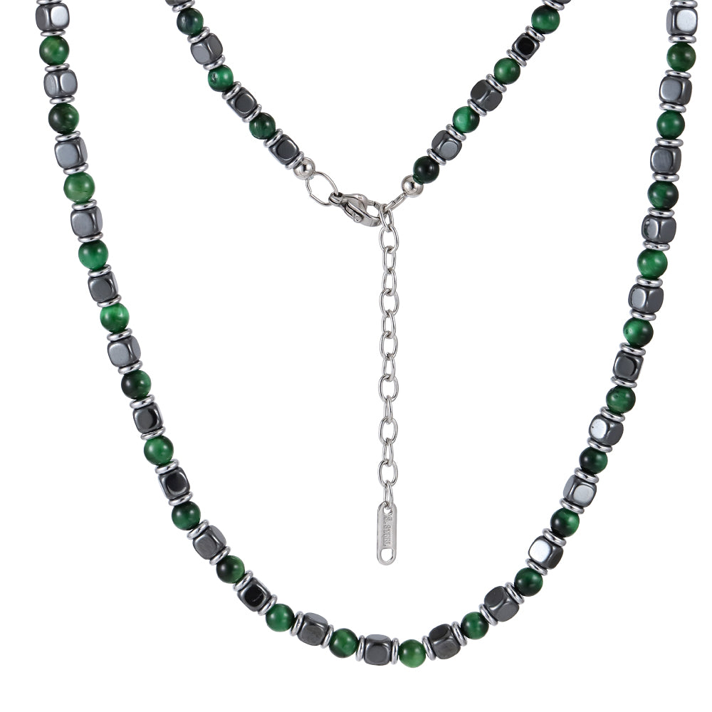 MNSS41 STAINLESS STEEL & HEMATITE BEADS NECKLACE WITH NATURAL STONE