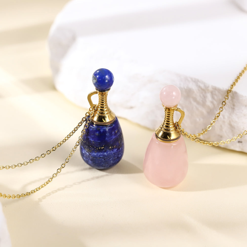 MNSS46 STAINLESS STEEL NECKLACE WITH NATURAL STONE PERFUME BOTTLE