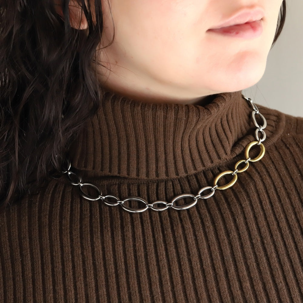 MNSS60 STAINLESS STEEL TWO TONE OVAL CHAIN LINK NECKLACE