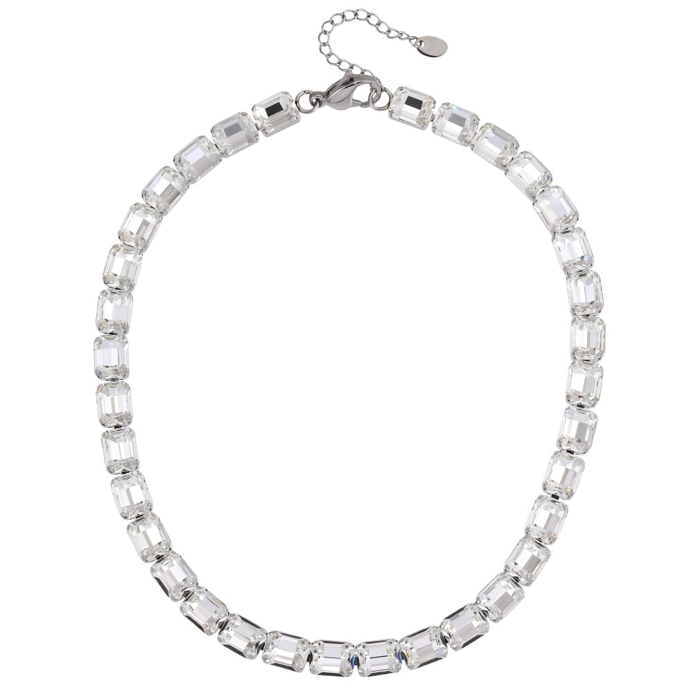 MNSS65 STAINLESS STEEL TENNIS NECKLACE WITH EMERALD CUT FOLED STONE