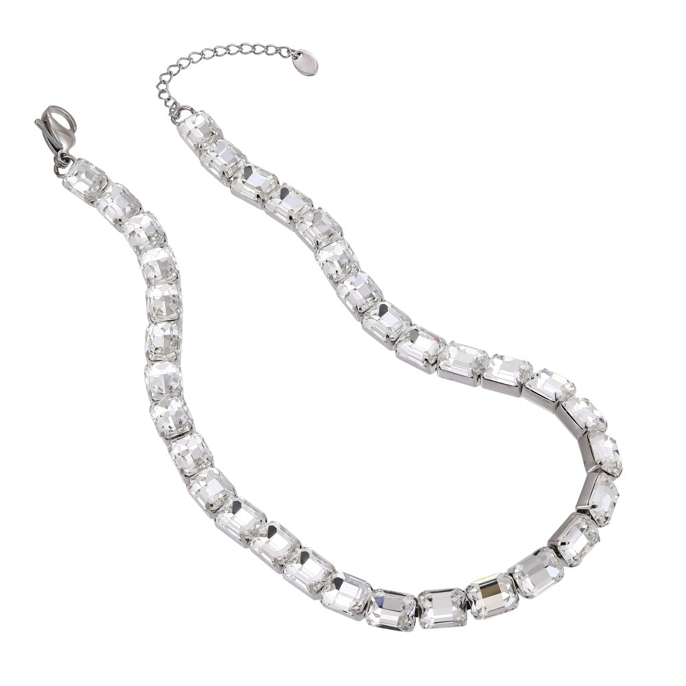 MNSS65 STAINLESS STEEL TENNIS NECKLACE WITH EMERALD CUT FOLED STONE