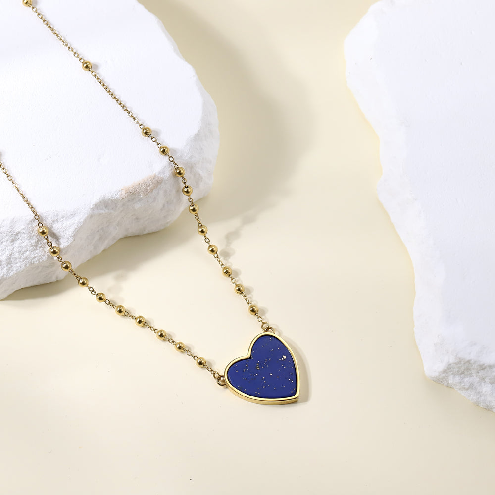 NSS939 STAINLESS STEEL NECKLACE WITH HEART-SHAPED LAPIS