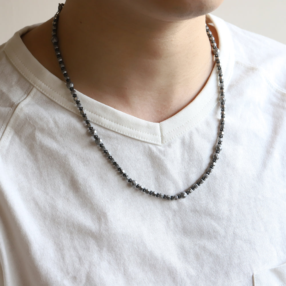 NSS944 STAINLESS STEEL & HEMATITE BEADS NECKLACE
