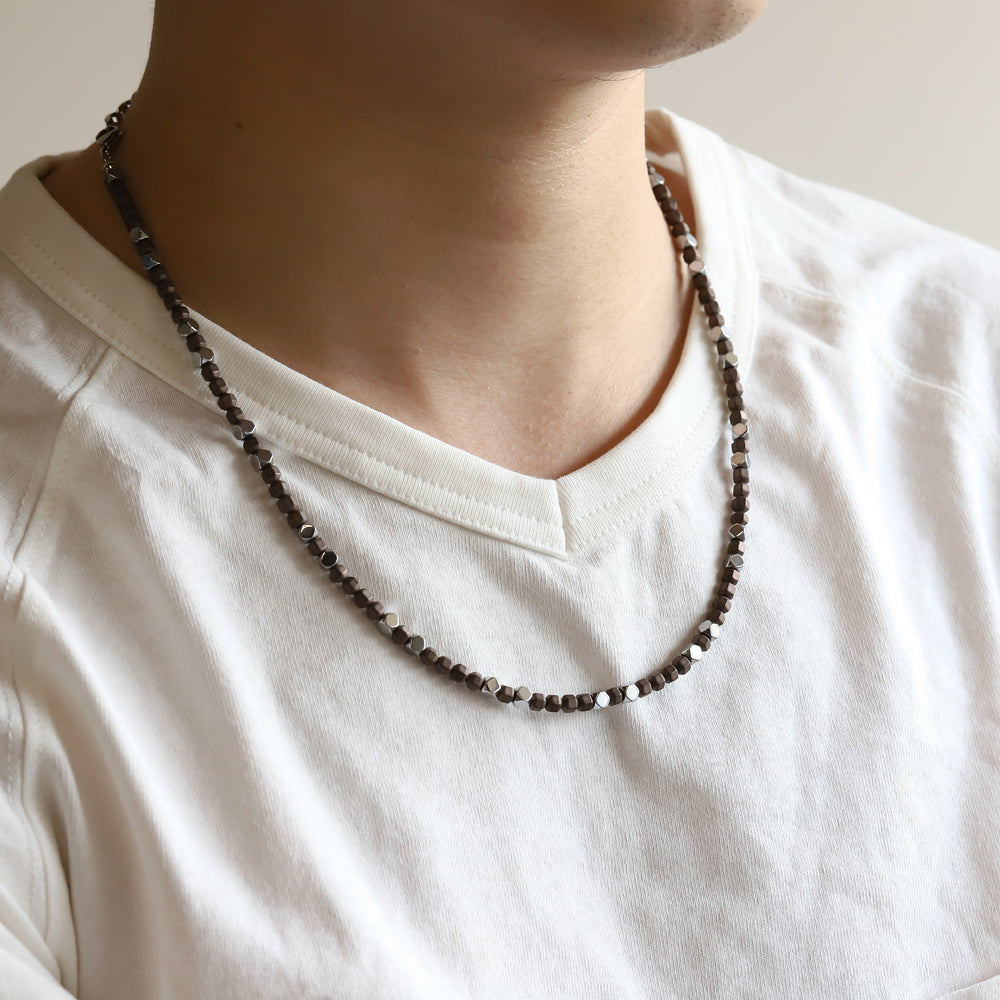 NSS947 STAINLESS STEEL & HEMATITE BEADS NECKLACE