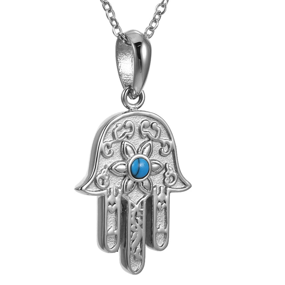 PSS1300 STAINLESS STEEL HAMSA PENDANT WITH SYNTHETIC TURQUOISE