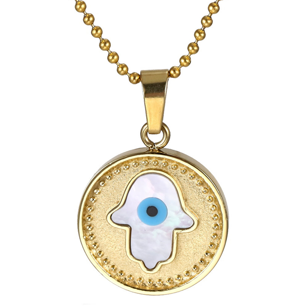 PSS1302 STAINLESS STEEL ROUND PENDANT WITH HAMSA MOP