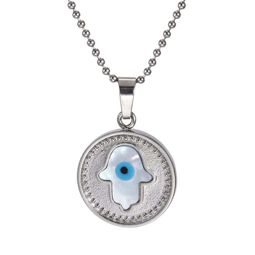 PSS1302 STAINLESS STEEL ROUND PENDANT WITH HAMSA MOP